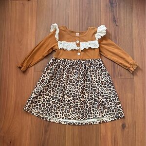 Girls Leopard Print and Rust Brown Ruffle Dress